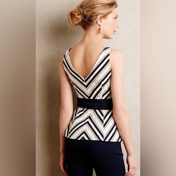 ANTHROPOLOGIE Maeve Mitered Striped Peplum Tank Top With Sash - Size 12 - Picture 2 of 11